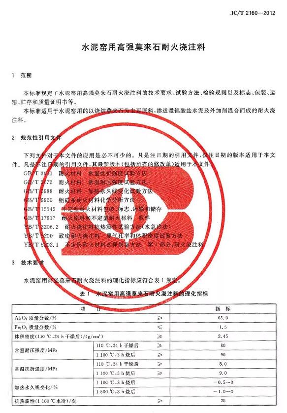 高強莫來石耐火澆注料標(biāo)準(zhǔn) JC/T 2160-2012